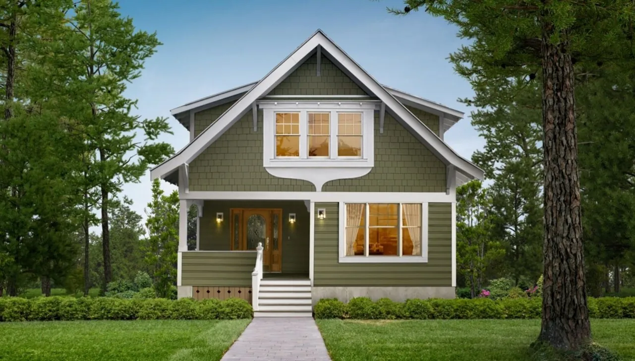 Craftsman home with Mountain Sage straight-edge shingle siding framed by evergreen trees